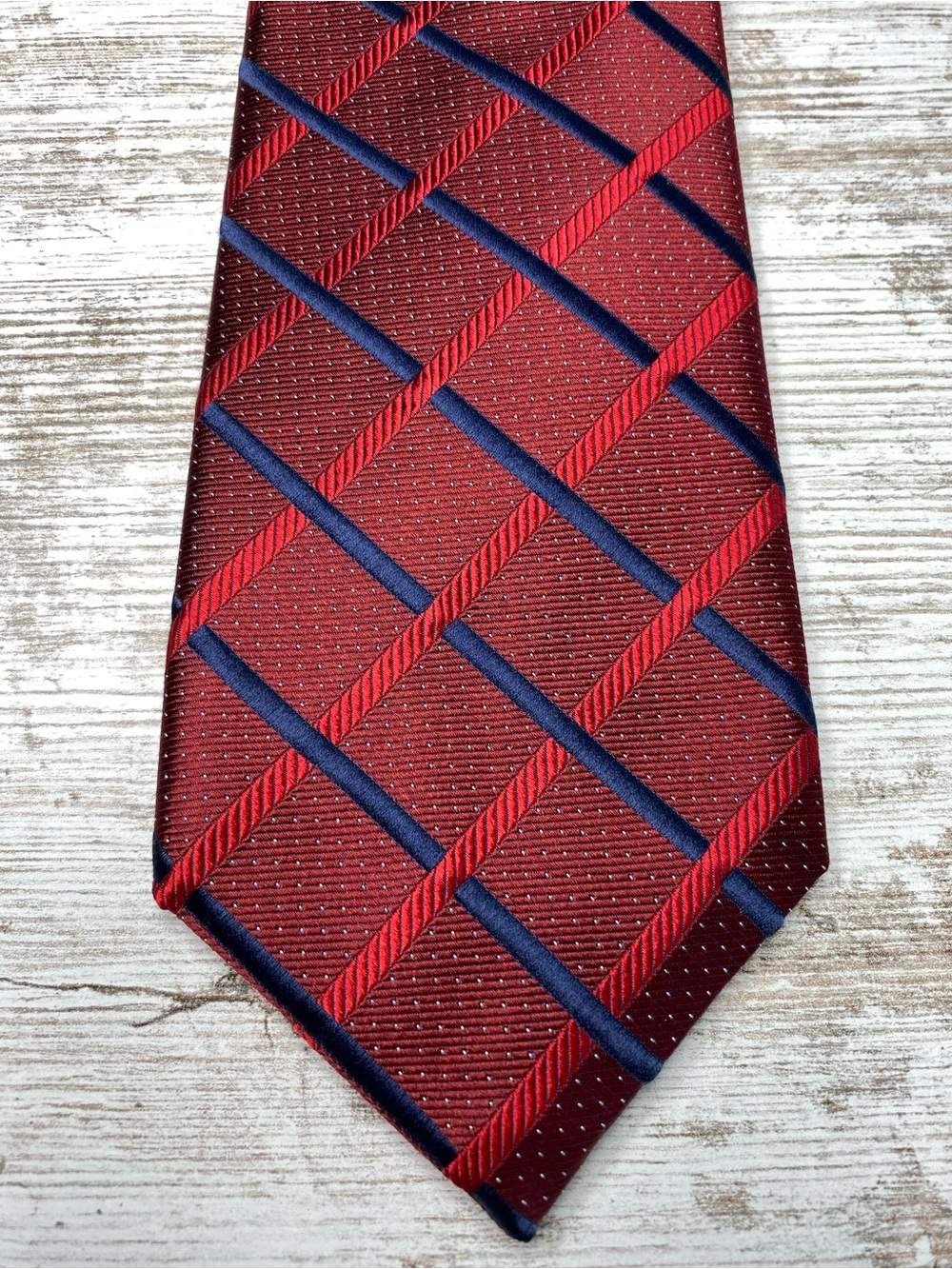 Robert Talbott Carmel 100% Silk Tie Red Navy Geometric Hand Sewn USA 58" x 3.75"